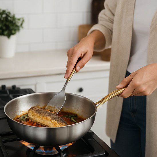 poêles- en- inox- 316- cuisson- saine- poignée- dorée- compatible- induction : sur- la- gazinière- cuisant- du- poisson