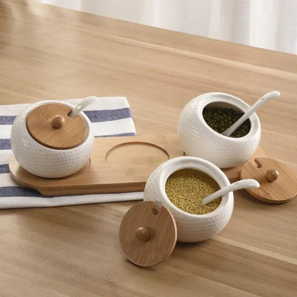 Pots à Condiments Céramique Couvercle Bois Naturel | Style Scandinave - Prati - Kitchen