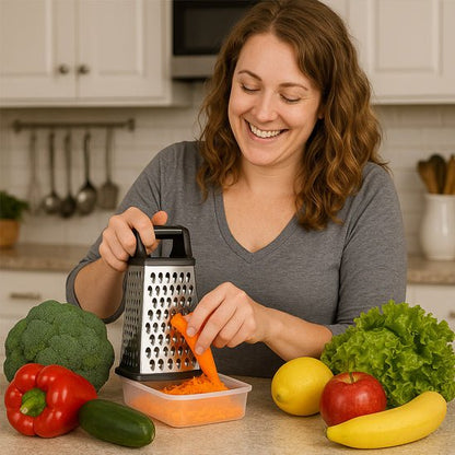râpe manuelle avec bac de réception 1.5L - 4 grilles en acier inoxydable pour trancher et râper (Fin, Moyen, Grossier) - Prati - Kitchen