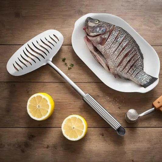 Spatule de Cuisine Antiadhésive et Fendue | Spatule à Poisson (Filet) et Steak en Inox | Long Manche Ergonomique pour Œufs et Crêpes - Prati - Kitchen