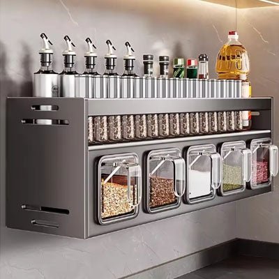 Étagère - à - Épices - Murale -Multifonctionnelle - 5 Grilles - en - Acier - Inoxydable - avec - Crochets | Organisateur - Cuisine - Premium : en - HD