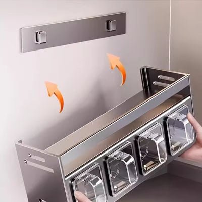 Étagère - à - Épices - Murale -Multifonctionnelle - 5 Grilles - en - Acier - Inoxydable - avec - Crochets | Organisateur - Cuisine - Premium : installation