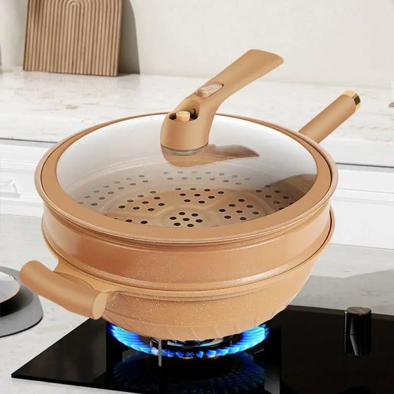 WOK MICRO - PRESSION 5 en 1 | Cuisson Saine Antiadhésive Naturel et Économique | Corps en Argile et Couvercle Verre - Prati - Kitchen