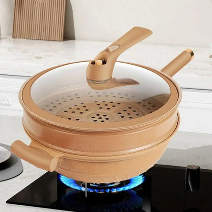 WOK MICRO - PRESSION 5 en 1 | Cuisson Saine Antiadhésive Naturel et Économique | Corps en Argile et Couvercle Verre - Prati - Kitchen