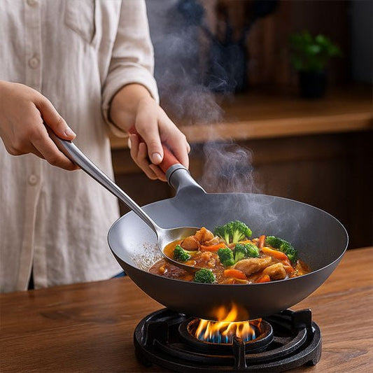 Wok Traditionnel en Fer Forgé (Martelé à la Main) | Sans Revêtement, Anti - Adhésif Naturel (Après Culottage) | Manche en Bois Ergonomique | Wok Authentique - Prati - Kitchen